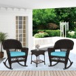 3pc Espresso Rocker Wicker Chair Set With Sky Blue Cushion