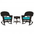 3pc Espresso Rocker Wicker Chair Set With Turquoise Cushion