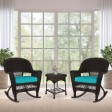 3pc Espresso Rocker Wicker Chair Set With Turquoise Cushion