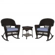 3pc Espresso Rocker Wicker Chair Set With Steel Blue Cushion
