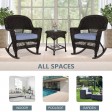 3pc Espresso Rocker Wicker Chair Set With Steel Blue Cushion