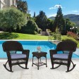 3pc Espresso Rocker Wicker Chair Set With Steel Blue Cushion