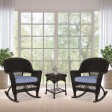 3pc Espresso Rocker Wicker Chair Set With Steel Blue Cushion