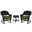 3pc Espresso Rocker Wicker Chair Set With Hunter Green Cushion