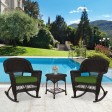 3pc Espresso Rocker Wicker Chair Set With Hunter Green Cushion