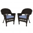 Espresso Wicker Chair With Steel Blue Cushion - Set of 2