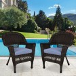 Espresso Wicker Chair With Steel Blue Cushion - Set of 2