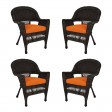 Espresso Wicker Chair With Orange Cushion - Set of 4