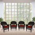 Espresso Wicker Chair With Brick Red Cushion - Set of 4