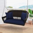 Espresso Resin Wicker Porch Swing with Midnight Blue Cushion