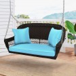 Espresso Resin Wicker Porch Swing with Sky Blue Cushion