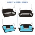 Espresso Resin Wicker Porch Swing with Sky Blue Cushion