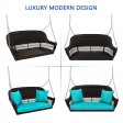 Espresso Resin Wicker Porch Swing with Turquoise Cushion