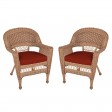Honey Wicker Chair With Brick Red Cushion - Set of 2