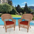 Honey Wicker Chair With Brick Red Cushion - Set of 2