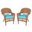 Honey Wicker Chair With Sky Blue Cushion - Set of  2