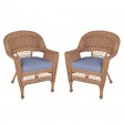 Honey Wicker Chair With Steel Blue Cushion - Set of  2