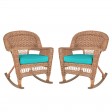 Honey Rocker Wicker Chair with Turquoise Cushion -  Set of 2