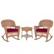 3pc Honey Rocker Wicker Chair Set With Red Cushion
