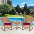 3pc Honey Rocker Wicker Chair Set With Red Cushion