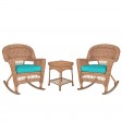 3pc Honey Rocker Wicker Chair Set With Turquoise Cushion