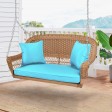 Honey Resin Wicker Porch Swing with Sky Blue Cushion