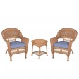 Honey Wicker Chair And End Table Set With Steel Blue Chair Cushion