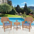 Honey Wicker Chair And End Table Set With Steel Blue Chair Cushion