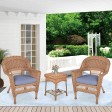 Honey Wicker Chair And End Table Set With Steel Blue Chair Cushion