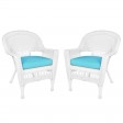 White Wicker Chair With Sky Blue Cushion - Set of 2