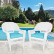 White Wicker Chair With Sky Blue Cushion - Set of 2