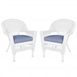 White Wicker Chair With Steel Blue Cushion - Set of 2