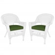 White Wicker Chair With Hunter Green Cushion - Set of 2