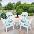 5pc White Wicker Dining Set - Sky Blue Cushions