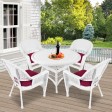 5pc White Wicker Dining Set - Red Cushions