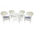 5pc White Wicker Dining Set - Steel Blue Cushions