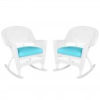 White Rocker Wicker Chair with Sky Blue Cushion-  Set of 2