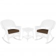 3pc White Rocker Wicker Chair Set With Brown Cushion
