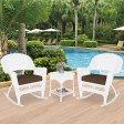 3pc White Rocker Wicker Chair Set With Brown Cushion