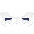 3pc White Rocker Wicker Chair Set With Midnight Blue Cushion