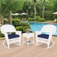 3pc White Rocker Wicker Chair Set With Midnight Blue Cushion