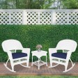 3pc White Rocker Wicker Chair Set With Midnight Blue Cushion