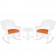 3pc White Rocker Wicker Chair Set With Orange Cushion