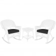 3pc White Rocker Wicker Chair Set With Black Cushion