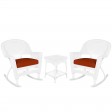 3pc White Rocker Wicker Chair Set With Brick Red Cushion
