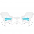 3pc White Rocker Wicker Chair Set With Sky Blue Cushion