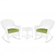 3pc White Rocker Wicker Chair Set With Sage Green Cushion