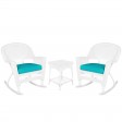 3pc White Rocker Wicker Chair Set With Turquoise Cushion