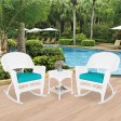3pc White Rocker Wicker Chair Set With Turquoise Cushion