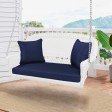 White Resin Wicker Porch Swing with Midnight Blue Cushion